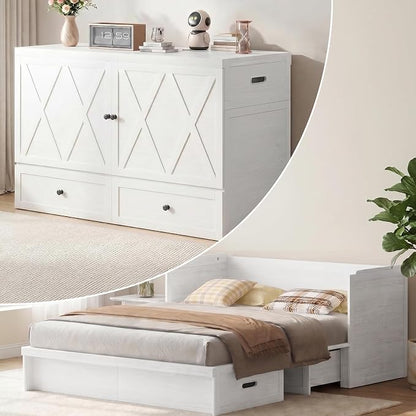 CECER Murphy Bed Queen with Mattress Included for Guest/Small Space-White | Built-in Multi-Port Charging Station ＆ Large Storage Drawer，Space Saving ＆ Easy Assemble and Conversion