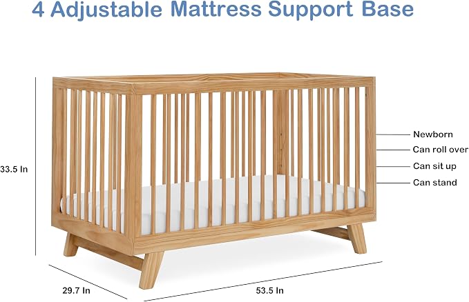 3-in-1 Astin Convertible Baby Crib - Including Toddler Guard Rail, Grows with Your Baby, Converts to Toddler Bed & Day Bed, 4 Adjustable Support Base Height | Natural with Guard Rail