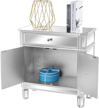 VINGLI Mirrored Cabinet, Mirrored Nightstand, Mirrored Dresser Accent Chest, Large Mirror Nightstand with 1 Drawer and Two Doors, 27.5”W x 13.4”D x 26.5”H, Mirror