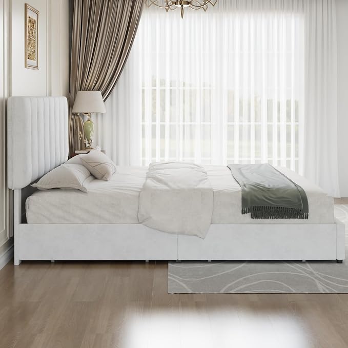 VECELO King Size Bed Frame with 4 Storage Drawers, Adjustable Height Headboard, Heavy-Duty Bedframe with Strong Wooden Slats, No Box Spring Needed, Pure White