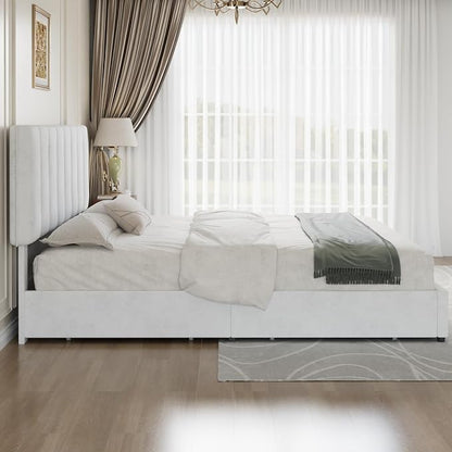 VECELO King Size Bed Frame with 4 Storage Drawers, Adjustable Height Headboard, Heavy-Duty Bedframe with Strong Wooden Slats, No Box Spring Needed, Pure White