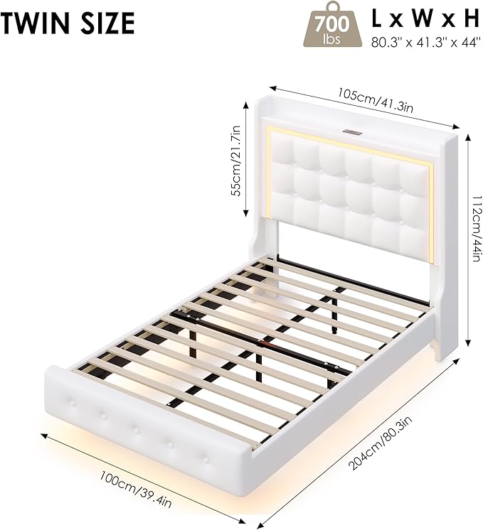 Keyluv Twin Floating Bed Frame with Storage Headboard, LED Lights & Charging Station Platform Bed, Soft Upholstered PU Leather, USB/Type-C Ports, Easy Assembly, White