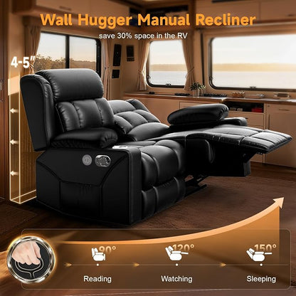 RV Loveseat Recliner Sofa, Wall Hugger Reclining Loveseat RV Couch with USB Ports, Large Pockets, Cup Holders, 150° Adjustable RV Recliners Furniture for Travel Trailers & Home Theater Seating