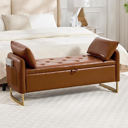 48" End of Bed Bench, Modern Storage Benches with Button-Tufted, Leather Upholstered Storage Ottoman Bench for Foot of Bed with Arms, Gold Legs Window and Entryway, Brown