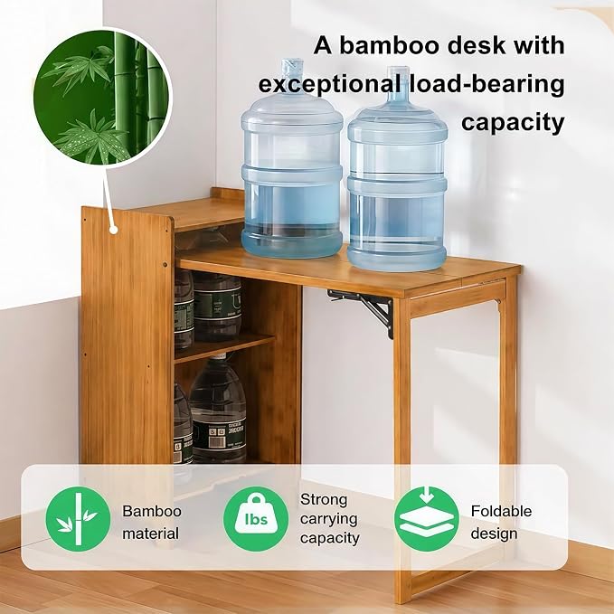 HDDFER Bamboo Folding Desk for Small Spaces,Hidden Desk with Storage Shelf, Foldable Computer Desk for Bedroom Home Office, Mid Century Modern Fold Out Table Writing Table, Brown
