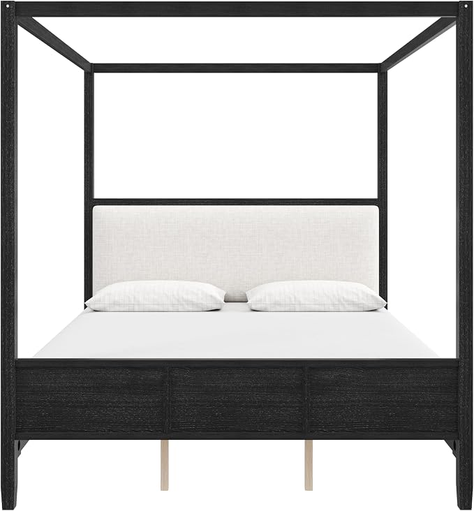 Merax Queen Size Canopy Bed with Upholstered Headboard, Wooden Platform Bed Frame with 4-Posters, Solid Wood Slat Support, No Box Spring Needed