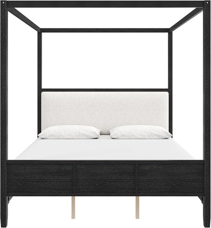 Merax Queen Size Canopy Bed with Upholstered Headboard, Wooden Platform Bed Frame with 4-Posters, Solid Wood Slat Support, No Box Spring Needed