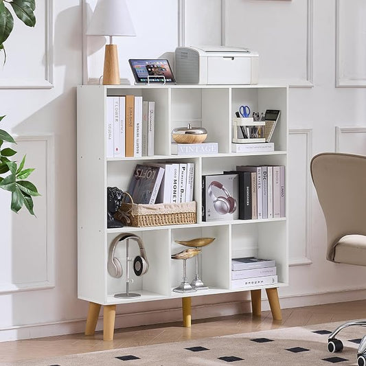 LEYAOYAO 8 Cube Bookshelf,3 Tier Bookcase with Legs,White Mid-Century Modern Bookshelves,Large Open Storage Organizer Shelf, Wooden Book Case