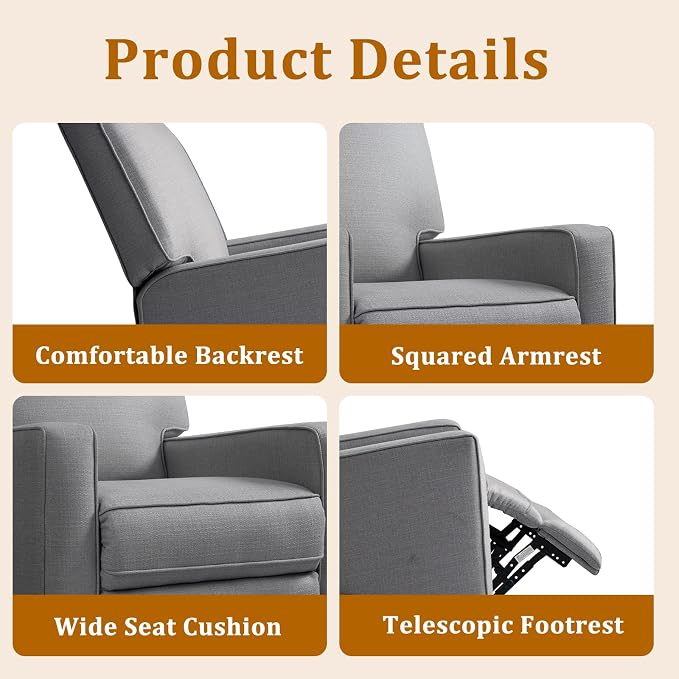 Manual Rocker Recliner Chair for Adults, High Back Glider with Deep Seat, Upholstered Fabric Armchair for Living Room & Nursery (Charcoal Linen)