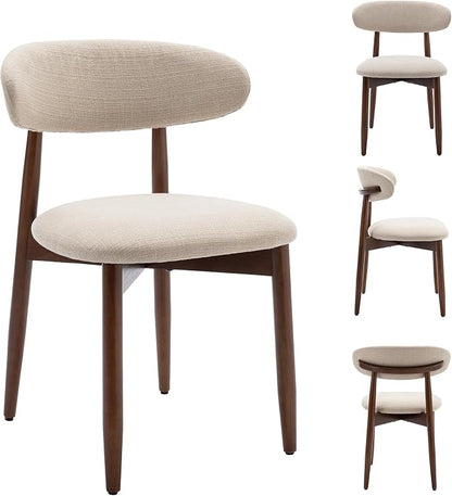 COLAMY Mid-Century Modern Wooden Dining Chair Set of 2, Indoor Upholstered Kitchen Chairs with 2.6" Cozy Padded Seat, Walnut Finish Side Dining Chair for Dining Room & Kitchen, Beige