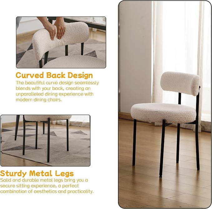 EDWELL White Dining Chairs Set of 6, Modern Dining Room Chairs with 3.94“ Cushions Mid-Century, Round Upholstered Boucle Chairs for Kitchen, Living Room, Kitchen Chairs with Black Metal Legs