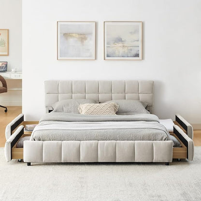 KEIKI Queen Thick Chenille Bed Frame with 4 Storage Drawer & Upholstered Tufted Headboard, Modern Solid Wood Floor Platform for Bedroom, No Box Spring Needed
