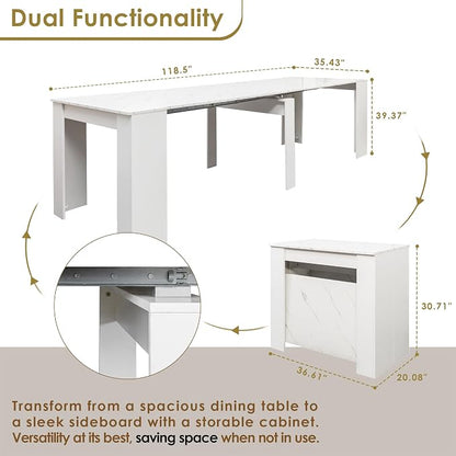 20"-118" White Marble Extendable Dining Table for 2-12 People, Modern Modular Extension Table, Space-Saving Extra Long Folding Dining Table, Multifunctional Conference Meeting Table