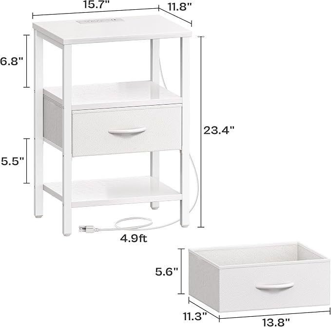 SUPERJARE Nightstand Set of 2, Bed Side Tables with Charging Station, Adjustable Fabric Drawer, Night Stand for Bedroom, 3-Tier Storage End Tables, White, 8694WC