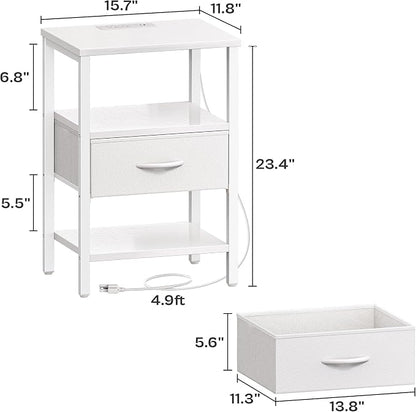 SUPERJARE Nightstand Set of 2, Bed Side Tables with Charging Station, Adjustable Fabric Drawer, Night Stand for Bedroom, 3-Tier Storage End Tables, White, 8694WC