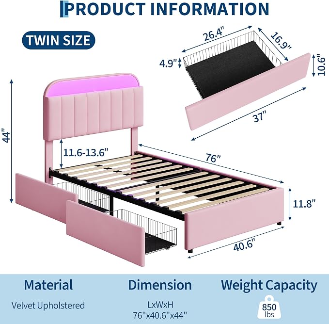 GarveeHome Twin Bed Frame with Storage Headboard, Kids Bed Frame with 2 Drawers, Velvet Upholstered Platform Bed Frame with Lights, No Box Spring Needed, Easy Assembly, Velvet Pink