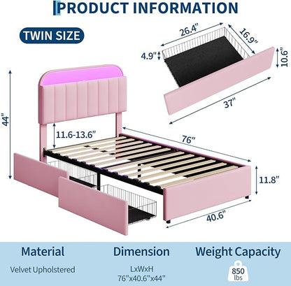 GarveeHome Twin Bed Frame with Storage Headboard, Kids Bed Frame with 2 Drawers, Velvet Upholstered Platform Bed Frame with Lights, No Box Spring Needed, Easy Assembly, Velvet Pink