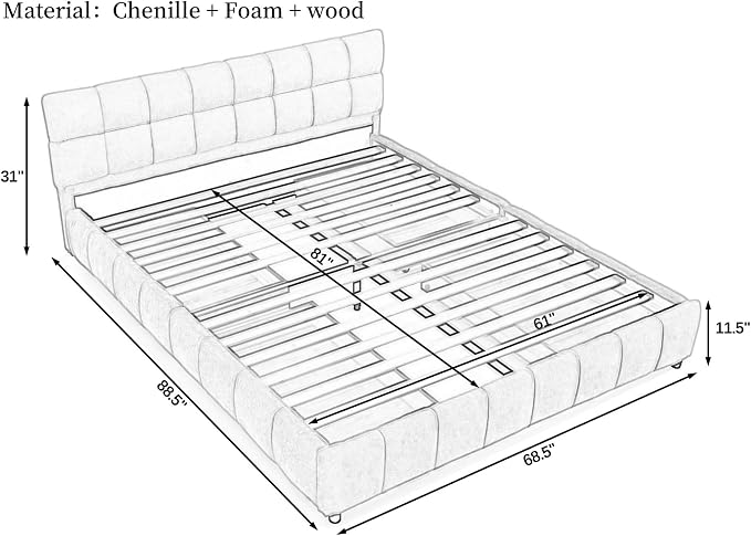 KEIKI Queen Thick Chenille Bed Frame with 4 Storage Drawer & Upholstered Tufted Headboard, Modern Solid Wood Floor Platform for Bedroom, No Box Spring Needed