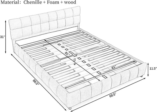 KEIKI Queen Thick Chenille Bed Frame with 4 Storage Drawer & Upholstered Tufted Headboard, Modern Solid Wood Floor Platform for Bedroom, No Box Spring Needed