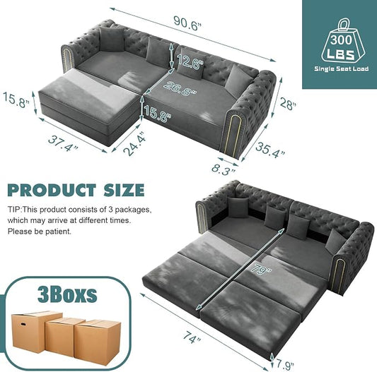 90.6'' Velvet Folding Floor Sofa Bed - 3-in-1 Convertible Sleeper Couch with Ottoman, Button Tufted Chesterfield Sofa, Pull-Out King Size Couch Bed for Apartments, Living Room, Dark Grey | 3-in-1 Convertible