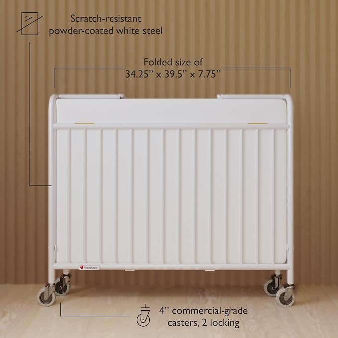 Foundations Stowaway Metal Baby & Toddler Folding Crib, Portable Baby Crib with Foam Mattress and Commercial Grade 3" Casters, Compact for Hotels, White