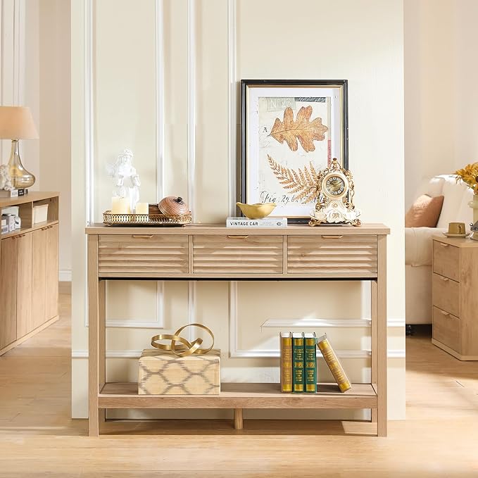 LEYAOYAO Fluted 47.2" Console Table with 3 Drawers, Modern Wood 2 Tier Entryway Table with Open Storage Shelf, Boho Sofa Entry Tables Behind Couch for Living Room, Hallway, Entrance Foyer, Natural Oak