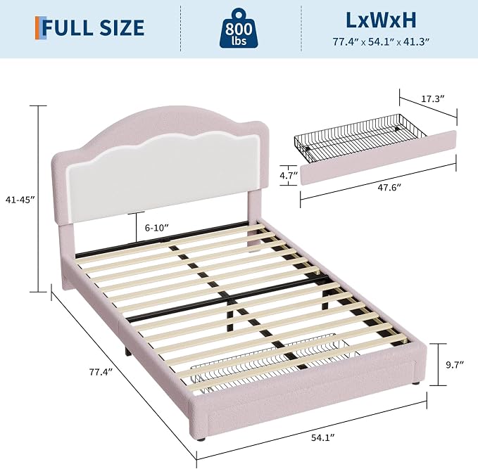 IDEALHOUSE Full Bed Frame with LED Headboard and Under-Bed Drawer, Boucle Fabric Upholstered Platform Bed with LED Light for Kids, Girls, Wooden Slats Support, No Box Spring Needed, Pink