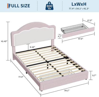 IDEALHOUSE Full Bed Frame with LED Headboard and Under-Bed Drawer, Boucle Fabric Upholstered Platform Bed with LED Light for Kids, Girls, Wooden Slats Support, No Box Spring Needed, Pink