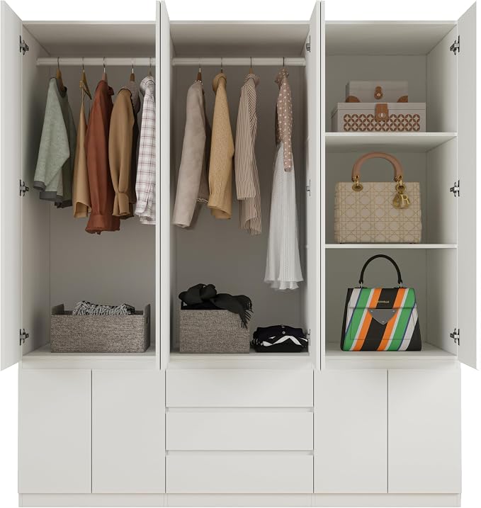 Bobve78 H Large 6 Doors Wooden Wardrobe, Armoire Wardrobe Closet with Drawers, Hanging Rod and Shelves, Bedroom Freestanding Armoire Closet Organizer, White