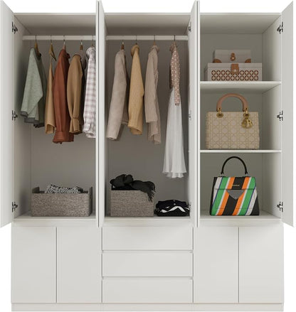 Bobve78 H Large 6 Doors Wooden Wardrobe, Armoire Wardrobe Closet with Drawers, Hanging Rod and Shelves, Bedroom Freestanding Armoire Closet Organizer, White