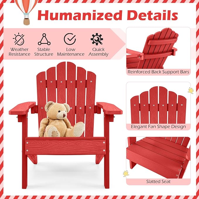 Costzon Kids Adirondack Chair, All-Weather HIPS Toddler Outdoor Chair, Wooden Textured Plastic Fire Pit Chair, Kids Patio Chair for Backyard Lawn Garden, Fits Children Age 3-7 Years (4, Red)