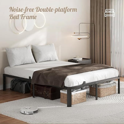 Metal Bed Frame King Size, 14 Inch 3500 lbs Heavy Duty Platform Bed Frames Steel Slats Noise Free No Box Spring Needed, Easy Assemble Sturdy Bedframe with Storage and Mattress Retainers