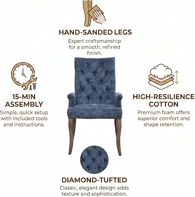 Upholstered Dining Chairs with Arms Set of 4, Blue, 4 Pack | Tufted Chenille Kitchen Chairs with Arms, Modern Farmhouse Armchair with Nailhead Trim for Dining Room, Home Office
