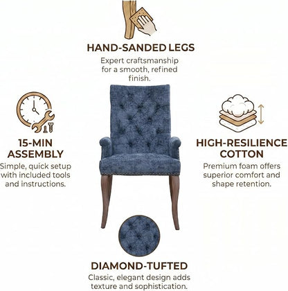 Upholstered Dining Chairs with Arms Set of 2, Blue, 2 Pack | Tufted Chenille Kitchen Chairs with Arms, Modern Farmhouse Armchair with Nailhead Trim for Dining Room, Home Office