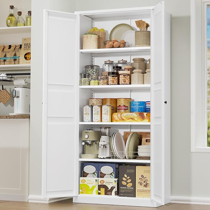 71" Tall Metal Pantry Cabinet,Kitchen Pantry Cabinet with 4 Adjustable Shelves and Magnetic Doors,Cupboard for Kitchen/Dining Room/Bathroom/Home Office(White)