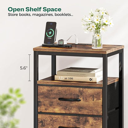 Huuger Night Stand with Charging Station, 4 Drawer Dresser for Bedroom, Bedside Table, 33.9 Inch Tall Nightstand with Open Shelf, End Table, for Closet, Entryway, Bedroom, Rustic Brown