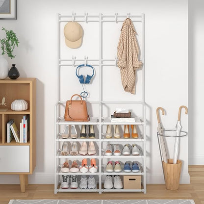 Laiensia 5-Tier Entryway Coat Rack, Coat and Shoe Rack, Entryway Bench Storage Organizer with 8 Hooks for Bedroom, Hallway, Office, White
