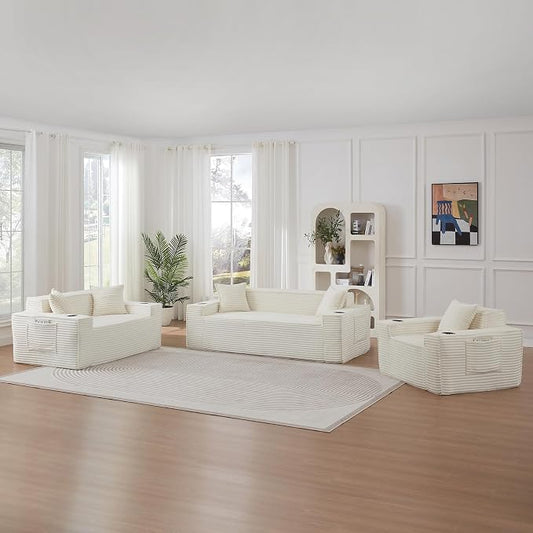 3 Pcs Living Room Cloud Sofa Set, Boneless Sofa Couch with Cup Holder and Side Pocket for Compact Living Rooms, Apartments (Beige White, Single Chair + Loveseat+ 3 Seat Sofa)