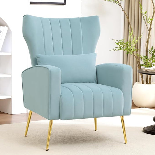 Modern Accent Chair Upholstered Living Room Chair,High Back Arm Chair with Metal Legs Lumbar Reading Chair for Bedroom, Apartment, Small Spaces Sky Blue