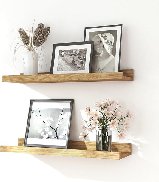 Floating Shelves for Wall Decor, Wall Mounted Wood Storage Shelf for Bedroom, Living Room, Bathroom, Kitchen, Nursery, Display Picture Ledge Shelf with Lip Set of 2-16 Inches, Oak