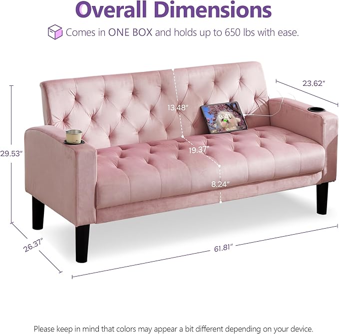 TYBOATLE 62" W Loveseat Sofa w/ 2 USB Charger Ports and 2 Cupholders, Mid-Century Modern Tufted Pink Velvet Small Love Seat Couches for Compact Living Room, Bedroom, Apartment, Dorm