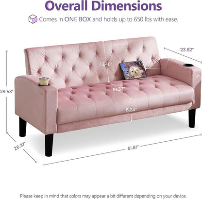 TYBOATLE 62" W Loveseat Sofa w/ 2 USB Charger Ports and 2 Cupholders, Mid-Century Modern Tufted Pink Velvet Small Love Seat Couches for Compact Living Room, Bedroom, Apartment, Dorm