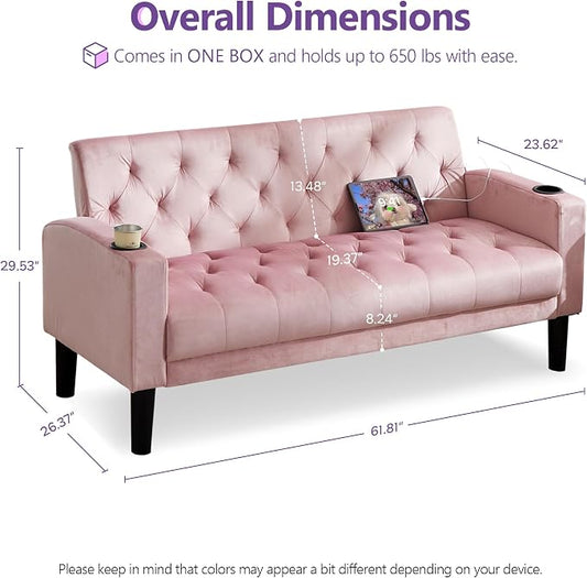 TYBOATLE 62" W Loveseat Sofa w/ 2 USB Charger Ports and 2 Cupholders, Mid-Century Modern Tufted Pink Velvet Small Love Seat Couches for Compact Living Room, Bedroom, Apartment, Dorm