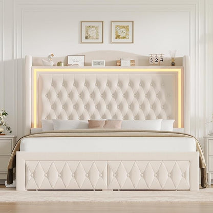 Queen Bed Frame 55" Tall Headboard with LED Lights, Buttons Tufted Velvet Upholstered Platform Bed Frame with 2 Storage Drawers, Wood Slats Support Mattress Foundation, No Box Spring Needed, Beige