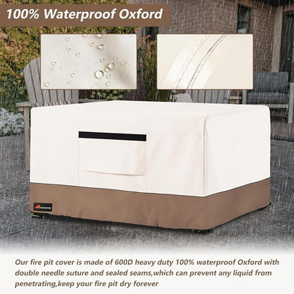 Fire Pit Cover Rectangular, Outdoor Heavy Duty 600D 100% Waterproof Tear-Resistant 42 Inch Fire Table Cover Rectangle, Patio Gas Fire Pit Table Covers, Beige 42" L x 24" W x 24" H