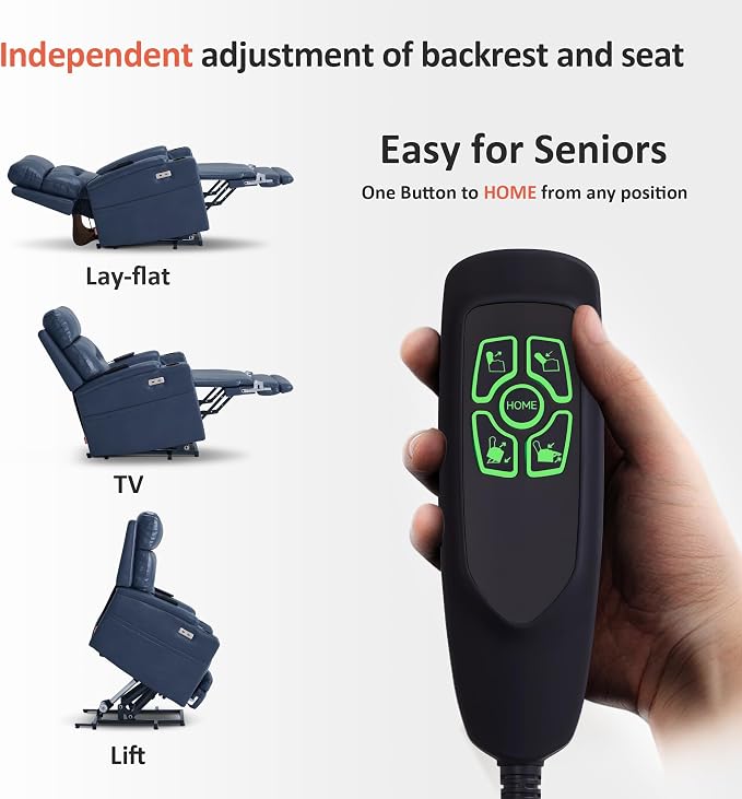 MCombo Lift Chair for Tall Man 6‘6’’, Dual Motor Power Lift Recliner Chair for Elderly, Lay Flat for Sleeping, Heat and Massage, USB & Type C, Faux Leather 7755 (Blue)