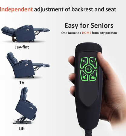 MCombo Lift Chair for Tall Man 6‘6’’, Dual Motor Power Lift Recliner Chair for Elderly, Lay Flat for Sleeping, Heat and Massage, USB & Type C, Faux Leather 7755 (Blue)