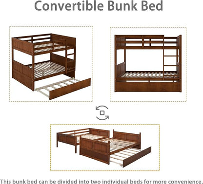Merax Trundle Bunk Bed, Full Over Full Wood Bunk Bed with Twin Size Trundle, Guardrail and Ladder, Can be Separated into 2 Beds, Walnut