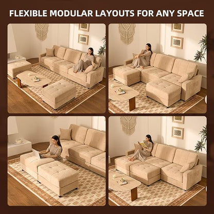 112" U Shaped Modular Cloud Sectional Couch, Waffle Fabric, Oatmeal Beige | Modular Deep Seat Sofa, Movable Ottoman, Pocket Spring Cushions, 2-Box Delivery, Living Room Lounge Use, Not Boneless