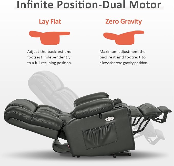 MCombo Large Dual Motor Power Lift Recliner Chair for Elderly, Zero Gravity Lift Chair with Heat and Massage, Infinite Position Lay Flat Recliner, USB Ports, Faux Leather 7896 (Grey, Large)